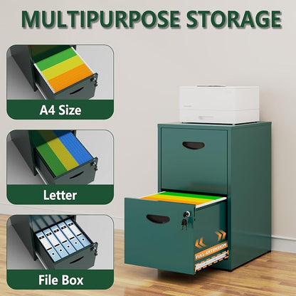 Polup 2 Drawer File Cabinet with Lock, Office File Cabinet with Drawers for Under Desk, Small Filling Cabinet for Home Office, Green, Assembly Required