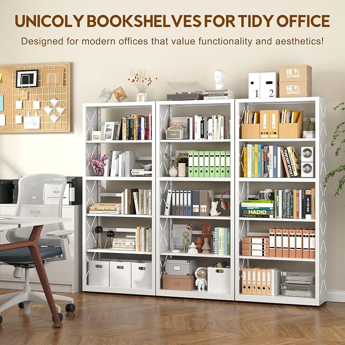 UNICOLY 5 Tier White Bookshelf, 55" H Tall Bookshelf with 5 Storage Shelves, Heavy Duty Deep Shelves, Open Shelf Bookcase with 5 Bookends, Modern Display Shelves for Books, Toys, CD, W23×D10“