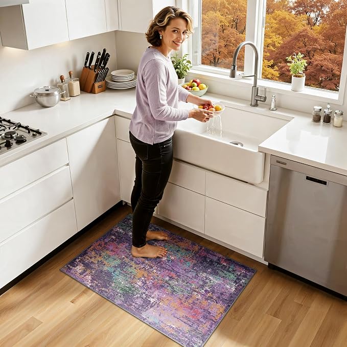 RELEANY Washable Area Rugs 2'x3' Non-Slip Modern Abstract Soft for Living Room Entryway Bedroom Kitchen, Print Pattern, Purple Orange Blue Green Rust Red Colorful