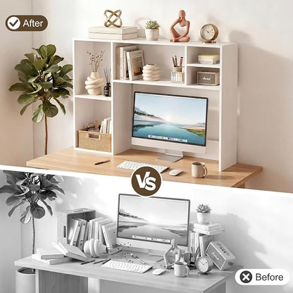 ZIFTY Desk Hutch with 6 Shelves, 37.4" Desktop Bookshelf Organizer for Monitor up to 27", Hutch Top for Computer Desk, Countertop Storage Shelf Wood Display Rack for Office Home Dorm, White