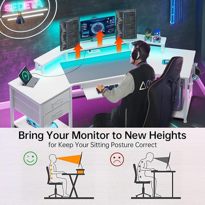 SEDETA 79" Gaming Desk, Computer Desk with 2 Fabric Drawers & LED Light, White Small Desk with Storage for Home Office, Carbon Fiber White