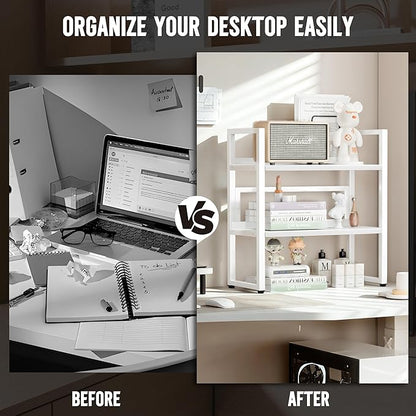 Brakki Desk Shelf Organizer, Adjustable 2 Tier Metal Desktop Shelves, Desktop Bookshelf Organization with Foot Mat, Multi-Functional Small Storage Rack for Office Dorm Home, White