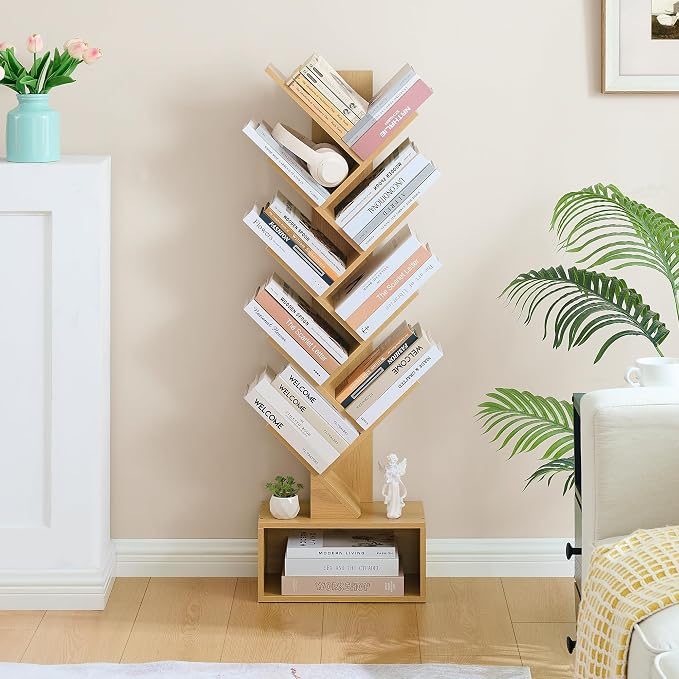 Hoctieon 9 Tier Tree Bookshelf, Tall Bookcase with Drawer, Wood Book Shelf, Modern Floor Standing Bookshelves, Book Organizer Shelves for Bedroom, Living Room, Home Office, Yellow