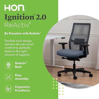 HON Ignition 2.0 ReActiv Ergonomic Office Chair, Mesh Desk Chair with Lumbar Support, Advanced Synchro‑Tilt, Height and Width Adjustable Arms, Swivel Wheels, Black Frame, Ocean