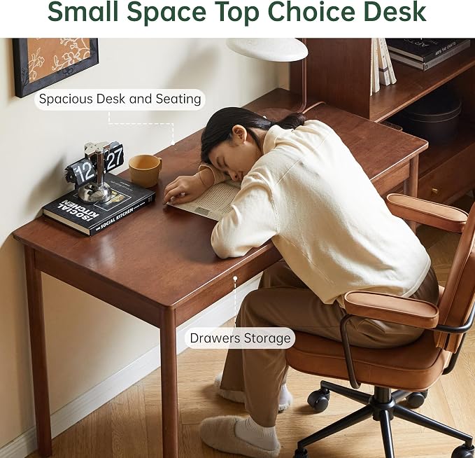 100% Solid Wood Desk, Home Office Writing Desk, Mid Century Modern Computer Desk with Drawers for Study Living Room 55" W