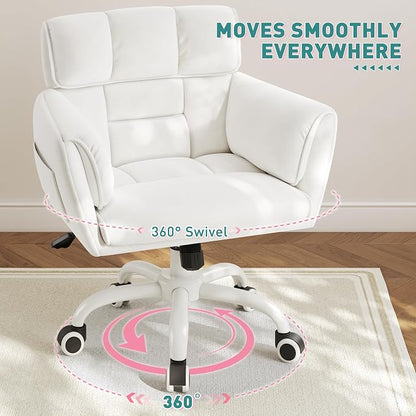 DurayLoly Home Office Chair with Wheels Soft-Touch Material,Modern Cute Vanity Chair with Back Adjustable Height Upholstered Comfy Desk Chairs with Side Pockets for Bedroom,White
