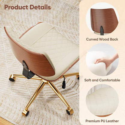 Home Office Desk Chair with Swivel Wheels, Modern PU Leather Armless Office Chair, Small Mid Back Computer Chair for Home Office, Reading Meeting Room (Beige, Gold Wheels)