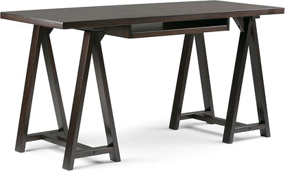 SIMPLIHOME Sawhorse Desk - 60 Inch Wide Solid Wood Writing Desk in Dark Chestnut Brown, Modern Industrial Home Office Computer Table for Workspace with Sawhorse Base and Integrated Keyboard Tray