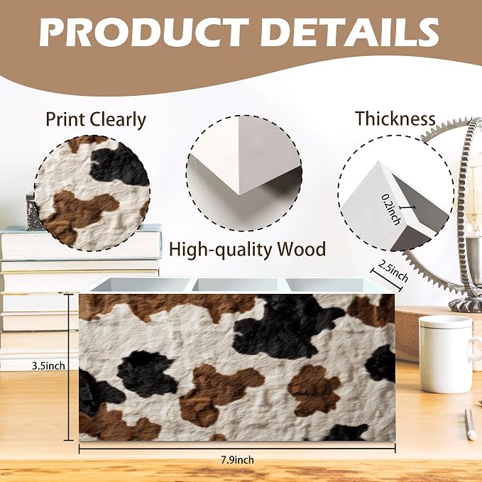 DILSJ Western Cow Print Pen Pencil Holder Organizer for Desk, Cow Lovers Gifts for Women Men, Rustic Country Western Cowhide Wooden Box Signs for Home Office Desk Tabletop Decoration