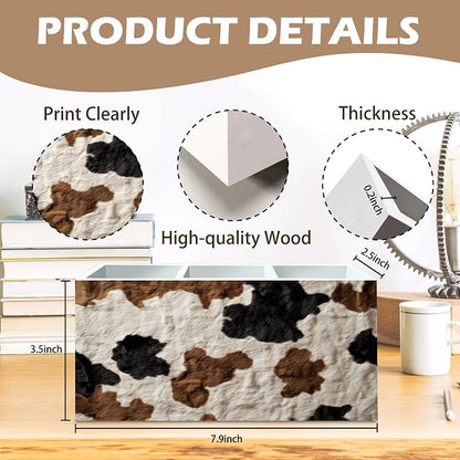 DILSJ Western Cow Print Pen Pencil Holder Organizer for Desk, Cow Lovers Gifts for Women Men, Rustic Country Western Cowhide Wooden Box Signs for Home Office Desk Tabletop Decoration