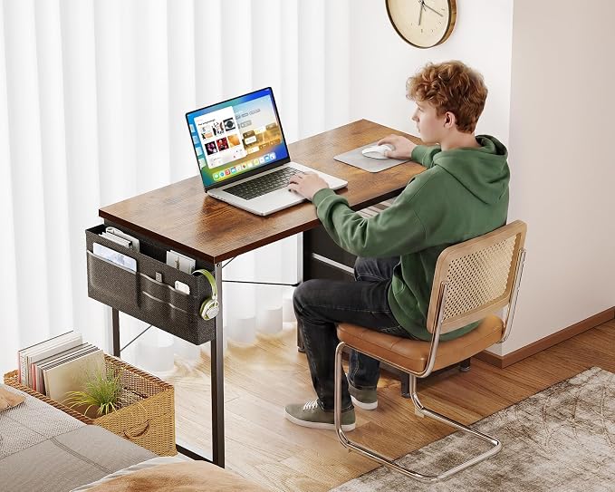 AODK 40 Inch Small Computer Desk with Fabric Drawers, Kids Study Desk for Bedroom, Home Office Desk with Storage Shelf & Bag for Small Space, Vintage
