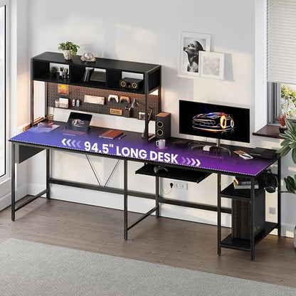 DUMOS 67" L Shaped Gaming Desk, Corner Desks for Compact Spaces with Keyboard Tray & Storage Shelf,Reversible Computer Desk with LED Lighting,Metal Frame PC Gaming Table for Home Office, Black