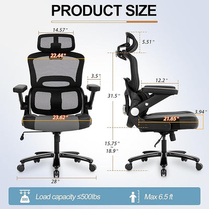 500lbs Big and Tall Office Chair,Large Heavy Duty Executive Computer Chair with 5D Flip Arms,Ergonomic Mesh High Back Desk Chair with Adjustable Lumbar Support 3D Headrest,Thick Spring Cushion