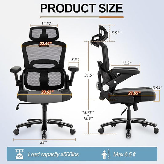 500lbs Big and Tall Office Chair,Large Heavy Duty Executive Computer Chair with 5D Flip Arms,Ergonomic Mesh High Back Desk Chair with Adjustable Lumbar Support 3D Headrest,Thick Spring Cushion