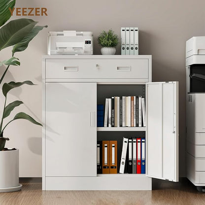 36" H Metal Cabinet, Garage Storage Cabinet, Locking Storage Cabinet, Metal Cabinets with Doors and Shelves for Home, School, Office, Garage, White