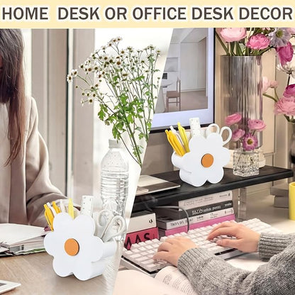 Tenceur Daisy Flower Pen Holder Cute Daisy Large Capacity Pencil Holder White Office Decor Pencil Cup Pot Desk Organizer for Office Makeup Brush Holders Back to School Funny Gift for Coworkers Women