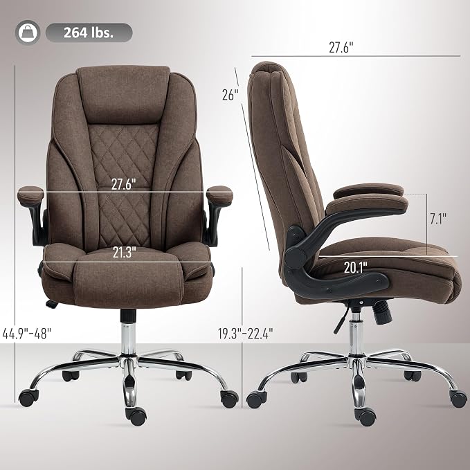 HOMCOM High Back Office Chair, Executive Desk Chair with Swivel Wheels, Flip-up Armrest, Adjustable Height, Modern Diamond Fabric Computer Chair for Home Office, Dark Brown