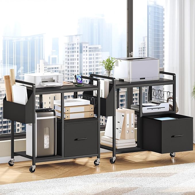 HOOBRO Printer Stand with Charging Station, Printer Shredder Stand with Wheels and File Drawer, Industrial Printer Cart, Mobile Table with Fabric Storage Pouch, for Home Office, Black BB09UPS01