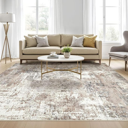 Square Rug 7x7 Living Room: Large Washable Abstract Modern Soft Area Rug Stain Resistant Indoor Floor Non-Slip Accent Carpet for Bedroom Nursery Playroom Dining Room Office Dorm Home Decor- Brown