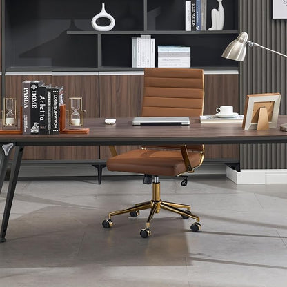 Okeysen Gold Office Desk Chair, Ergonomic Leather Modern Conference Room Chairs, Executive Ribbed Height Adjustable Swivel Rolling Golden Chair for Home Office.