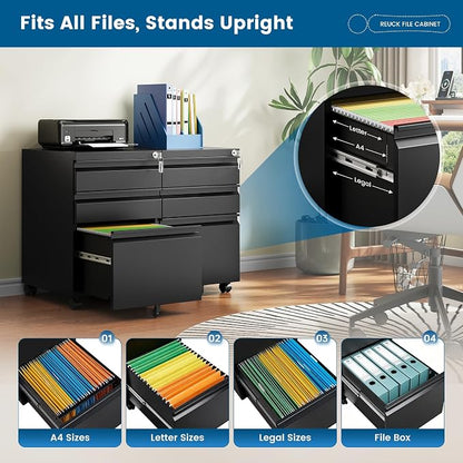 PEUKC 3 Drawers Mobile File Cabinet with Lock, Under Desk Rolling File Cabinet for Home Office, Organizes Letter Legal A4 Files, Black(Assembly Required)