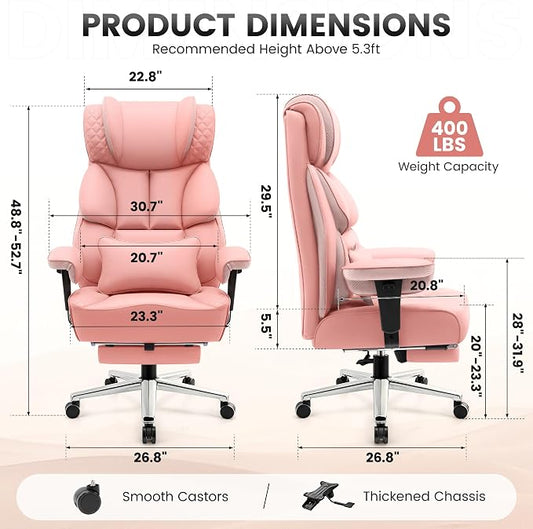 BestGlory Office Desk Chair, Big and Tall Leather Gaming Chair with Footrest, Ergonomic Comfy Executive High-Back Reclining Computer Chairs, Wide Swivel Rolling Wheels and Padded Lumbar Support, Pink
