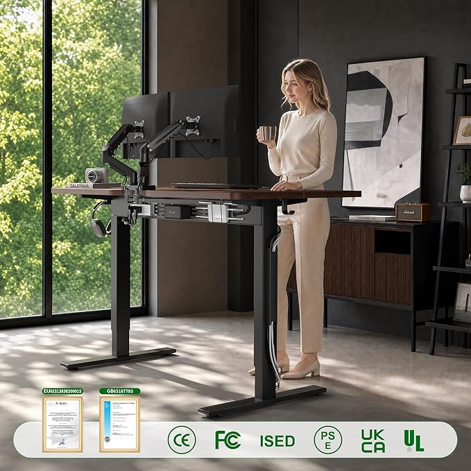 FEZIBO Electric Standing Desk with L-Shaped Crossbar & Cable Management System, 48 x 24 Inches Sit Stand up Desk, Adjustable Height Standing Desk for Home Office, Black Walnut