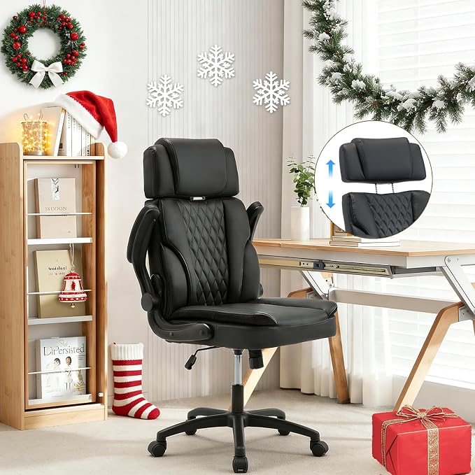 ECOTOUGE Executive Office Chair, Ergonomic Big and Tall Desk Chair with Adjustable Headrest,High PU Leather Comfy Heavy Duty Computer Chair with Padded Flip-up Arm, Black