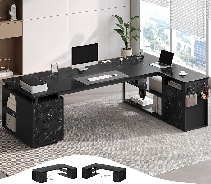 78" Executive Desk with Lockable File Cabinet, L Shaped Office Desk with Power Outlets, Large Executive Desk with Drawers and Storage Shelves, Reversible Computer Desk, Marble Grain