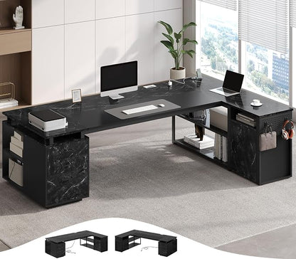 78" Executive Desk with Lockable File Cabinet, L Shaped Office Desk with Power Outlets, Large Executive Desk with Drawers and Storage Shelves, Reversible Computer Desk, Marble Grain