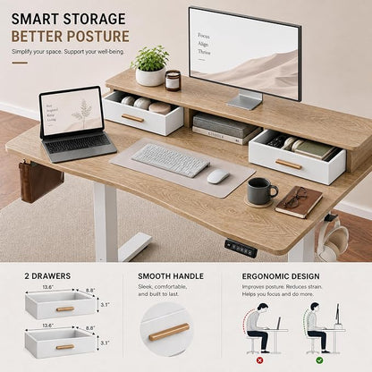 Grandder Electric Standing Desk with Two Drawers, Curved Desktop Sit to Stand Up Height Adjustable Desk with Storage Shelf for Home Office, 47 * 26 Inch, Ergonomic Adjustable Computer Desk, Oak