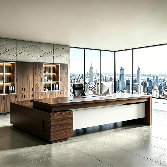 L Shaped Executive Desk with Drawers, Modern Large Wood Home Office Desk, Computer Desk with Storage for Boss Office Workstation