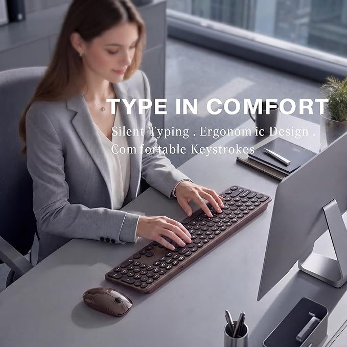 MPTOG Wireless Keyboard and Mouse Combo, Retro Round Typewriter Keys, 2.4G Silent Connection with Number Pad, Ergonomic Aesthetic Desk Set for Home Office, Laptop, PC, Mac (Black Coffee)
