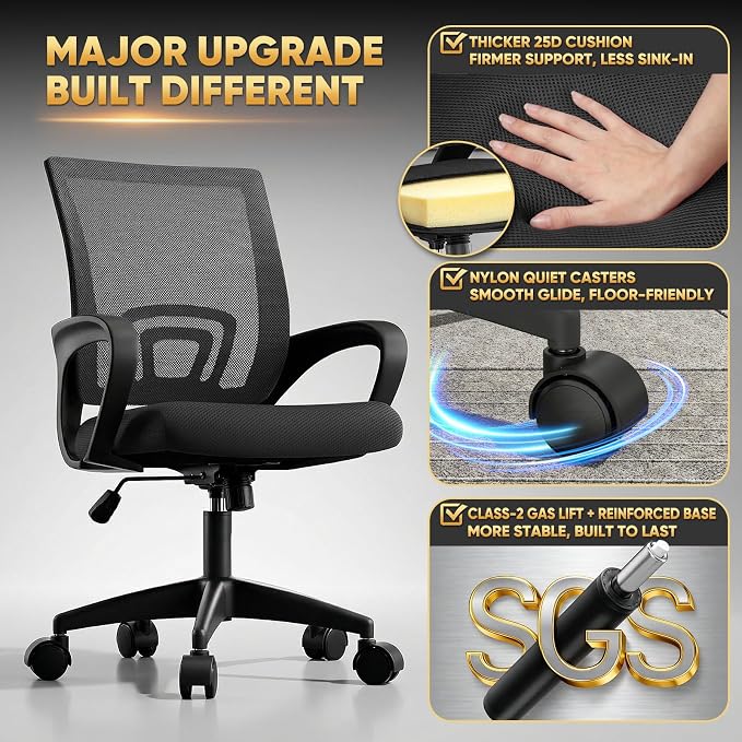 Magshion Ergonomic Office Desk Chair, Mid-Back Mesh Computer Chair, Swivel Chair with Breathable Backrest & Lumbar Support, Adjustable Height for Gaming, Work, Study, 300 Lbs Capacity, Black