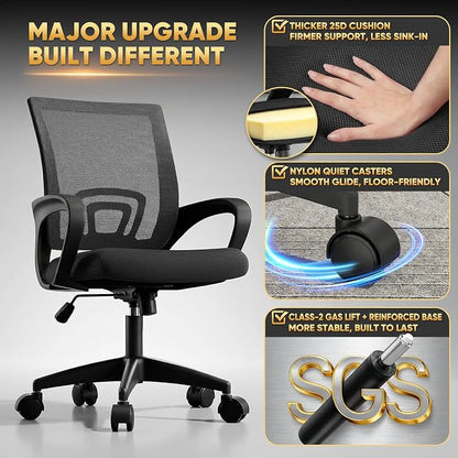 Magshion Ergonomic Office Desk Chair, Mid-Back Mesh Computer Chair, Swivel Chair with Breathable Backrest & Lumbar Support, Adjustable Height for Gaming, Work, Study, 300 Lbs Capacity, Black