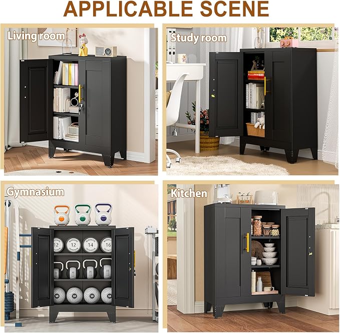 36" Metal Garage Storage Cabinet with Lock,Lockable Office File Cabinet with 2 Doors and 2 Adjustable Shelves,Outdoor Steel Locker Organizer for Home Office,Gym,School,Warehouse(Black)