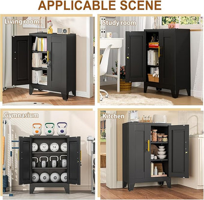 36" Metal Garage Storage Cabinet with Lock,Lockable Office File Cabinet with 2 Doors and 2 Adjustable Shelves,Outdoor Steel Locker Organizer for Home Office,Gym,School,Warehouse(Black)