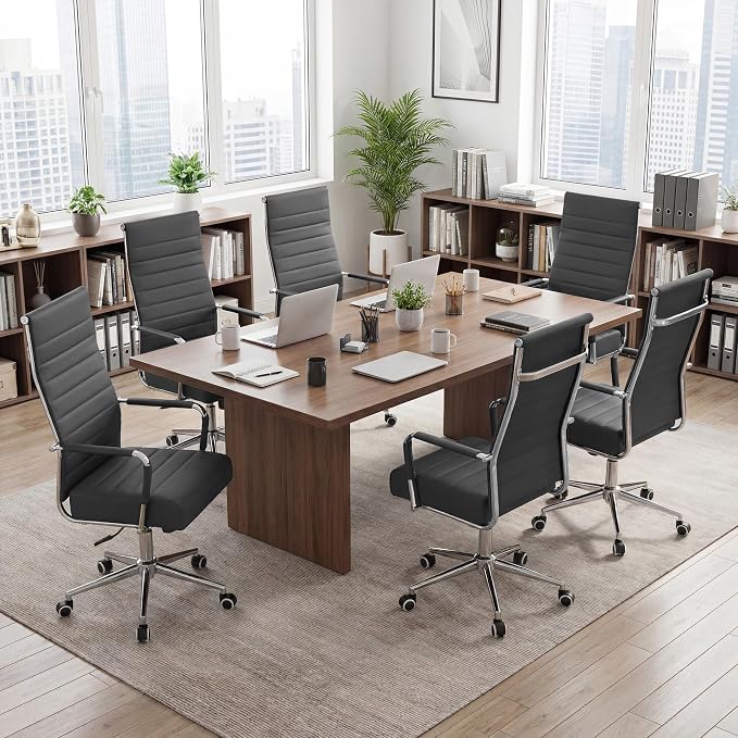 Office Desk Chair, Leather Conference Room Chairs with Wheels and Arms, Modern Ergonomic High Back Executive Ribbed Height Adjustable Swivel Chair for Home Office (Grey)