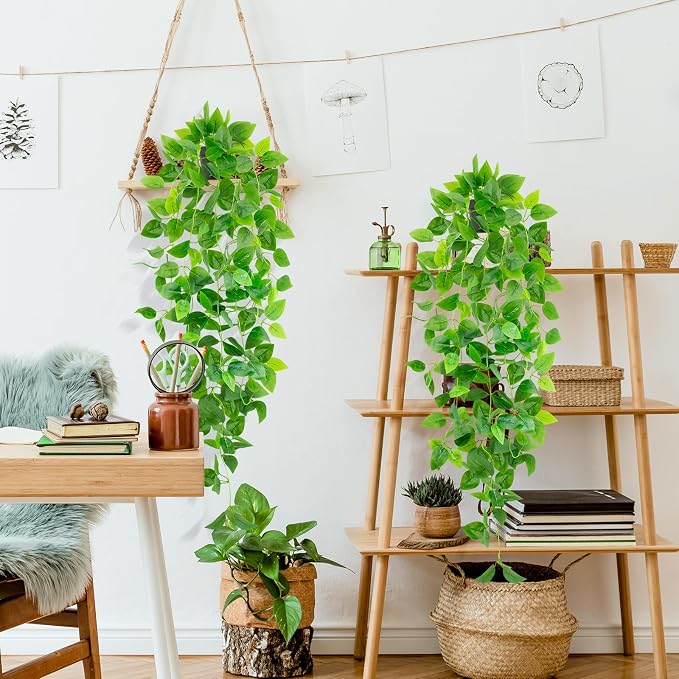 Artificial Hanging Plants with Black Pot, 39.37" Faux Pothos Trailing Vines, Potted Fake Greenery Indoor for Home Bathroom Bedroom Wall Shelf Decor
