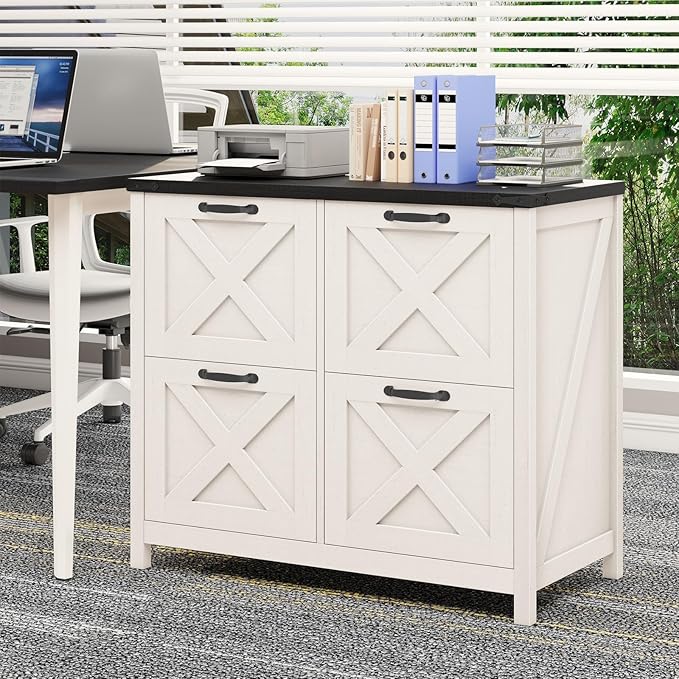 Halitaa Lateral File Cabinet with 4 Drawers, Farmhouse File Cabinet for Letter/A4 Size Hanging Files, Large Wood File Storage Cabinets Printer Stand for Home Office Cabinets, Rustic White and Black