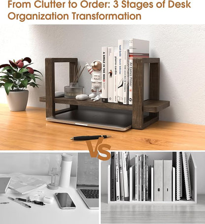Small Bookend-Type Desktop Bookshelf – Rustic Handmade Vintage Style, Loose-Fit Reversible Organizer | Easily-Adjustable Desk Shelf for Home, Class, Dorm | Carbonzied Paulownia Solid Wood