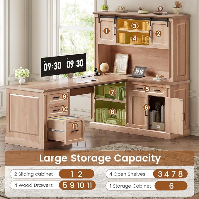 SEDETA 67" Farmhouse Desk with Hutch, L Shaped Office Desk with 4 Drawers & Storage Cabinet, Executive Corner Computer Desk with Sliding Doors, File Drawer & Power Outlet for Home Office, Oak