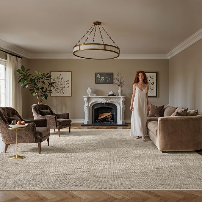 Valenrug 9x12 Area Rug - Stain Resistant Area Rugs 9x12 Living Room, Non Slip High-Low Pile Textured Area Rugs for Bedroom, Folable Machine Washable Rugs (9'x12', Beige)