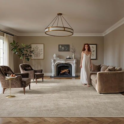 Valenrug 9x12 Area Rug - Stain Resistant Area Rugs 9x12 Living Room, Non Slip High-Low Pile Textured Area Rugs for Bedroom, Folable Machine Washable Rugs (9'x12', Beige)