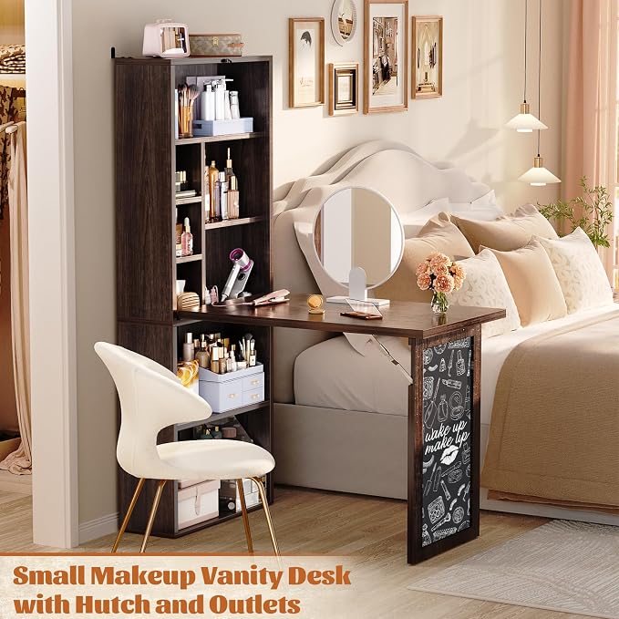 Armocity Small Folding Desk with Outlets, Convertible Writing Desk for Small Spaces/Home Office/Craft Room, Multi-Function Desk Workstation with Blackboard, Fold-Out Cabinet Table, Black Walnut