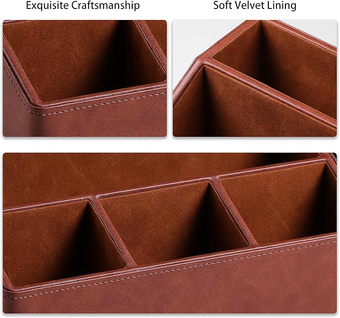 Desk Organizer Caddy with 5 Compartments for Office Art Supplies, PU Leather Nightstand Organizer Pencil Pen Desk Caddy for Home, Desktop TV Remote Control Holder Storage (Brown)