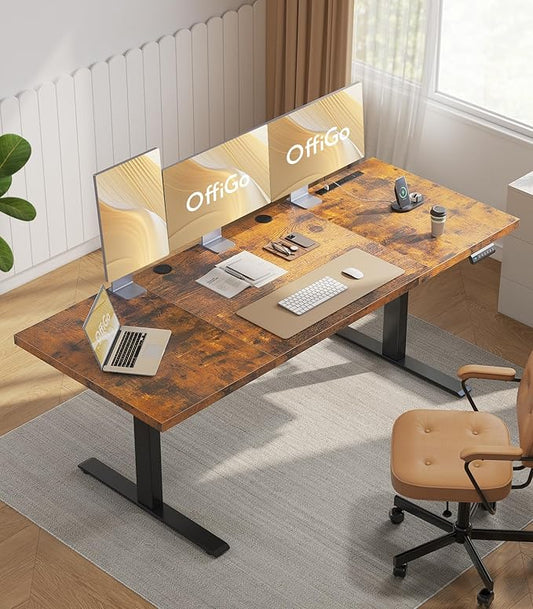 OffiGo 79 Inch Executive Electric Standing Desk, Height Adjustable Desk with Power Outlet & 1.38" Thick 3-Piece Desktop, Sit Stand Computer Desk for Home, Office, Conference Room, Rustic Brown