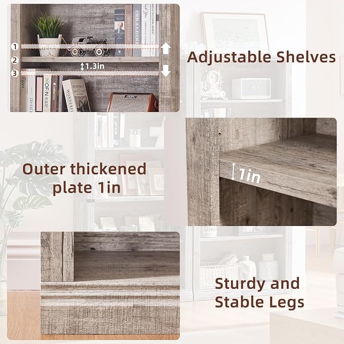 RWYHG 70" Grey Tall Bookshelf,5-Tier Thick Wooden Book Shelf with Adjustable Shelves,Free Standing Farmhouse Bookcase with Open Display Storage,Floor Vintage Bookshelves for Living Room,Office
