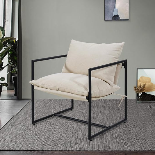 Kromax Sling Accent Chair, Cozy Living Room Chairs, Square Metal Frame, Upholstered Soft Cushion, Sponge, 28" x28“x32, Easy Assembly, Beige
