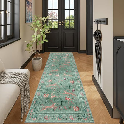 DUKINO 2x10 Rug for Hallway, Washable Kitchen Runner Rug with Non Slip Backing, Soft Low Pile Vintage Animal Runner for Bedroom, Kitchen, Hallway, Entryway, Laundry, Teal